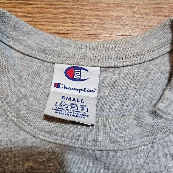 Champion 100 Chenille Logo Heavy Cotton Tee Shirt Grey Blue Men's Small S Rare - Picture 2 of 8